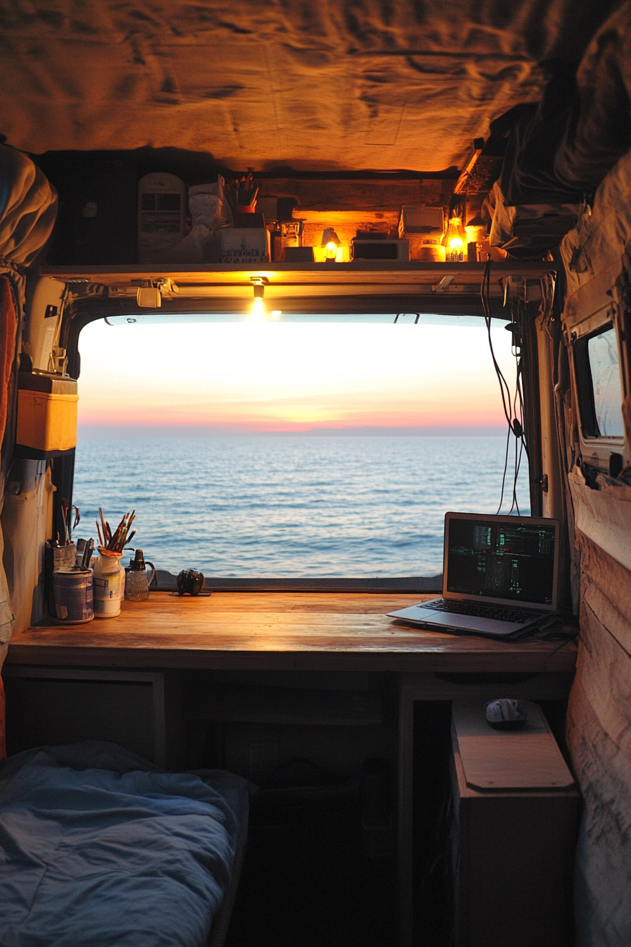 Van setup. Walnut desk facing ocean, corrosion-resistant tech compartment, twilight window displays.