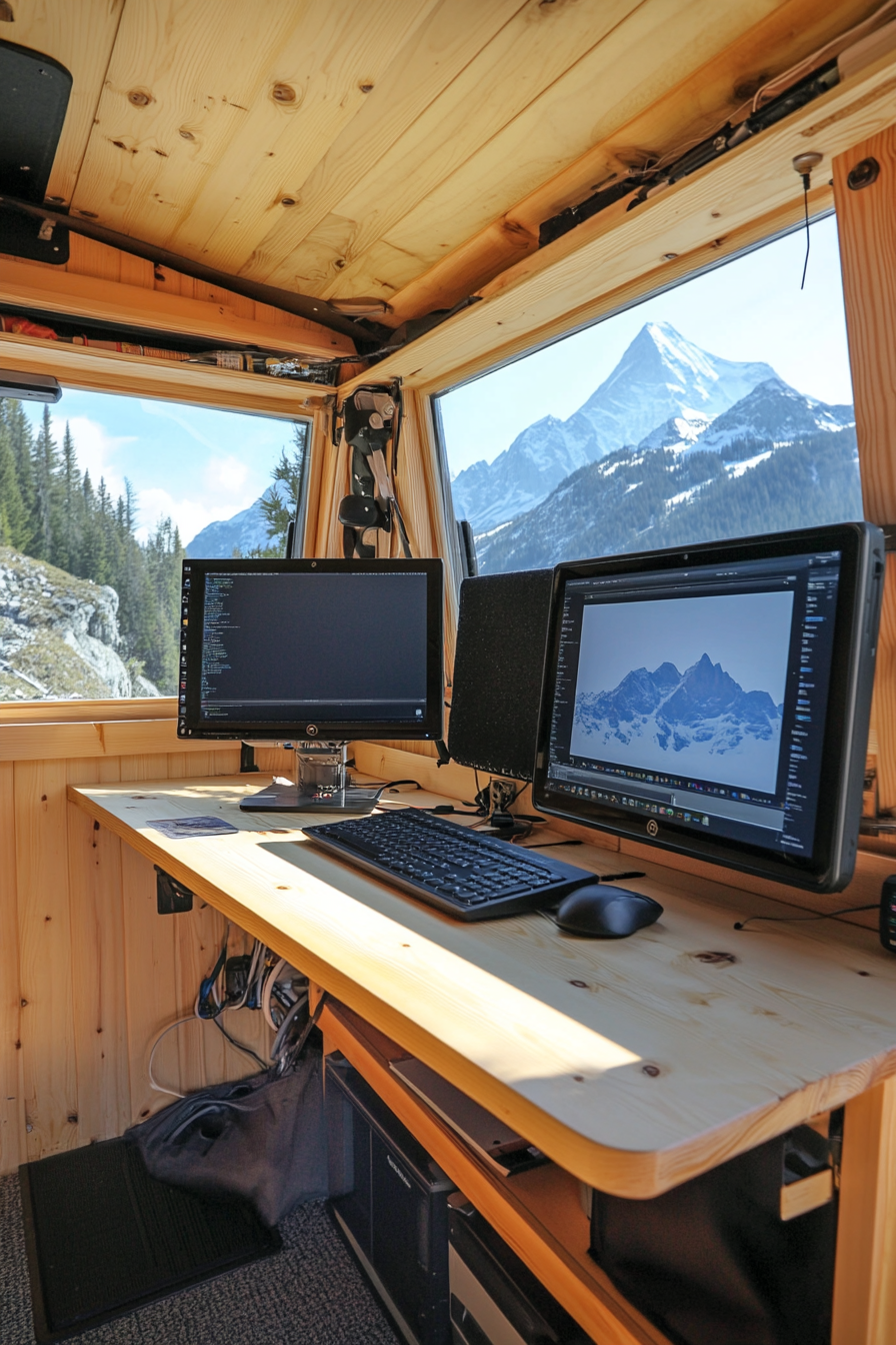 Alpine mobile office. Dual monitors, solar-powered, pine desk fronting a mountain's peak.