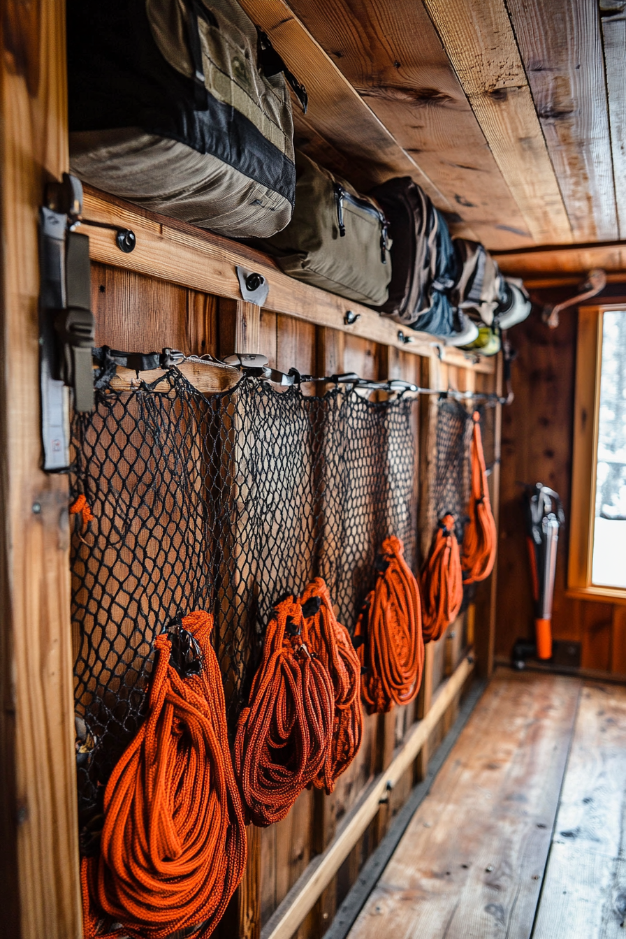 Creative mobile space. Rust paracord net for gear storage on pine panel wall.