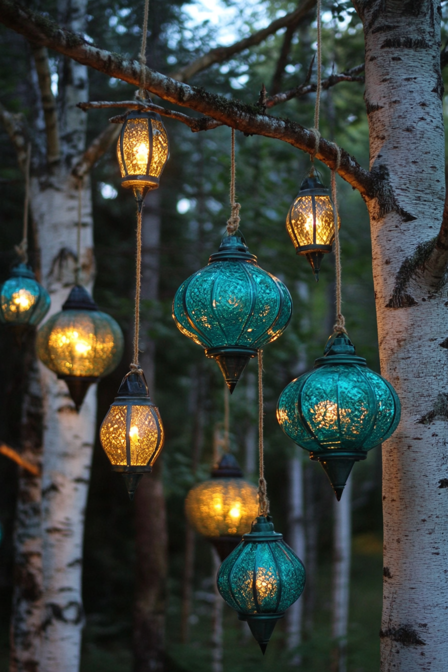 Woodland camping space. Hanging teal lanterns on a birch tree canopy.
