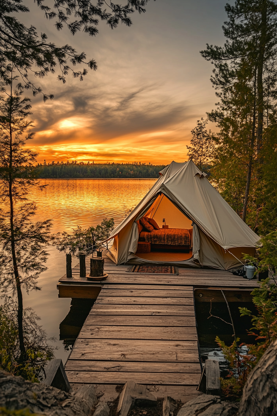 Tent site view. Canvas tent on wooden dock facing orange firelit sunset over quiet lake.