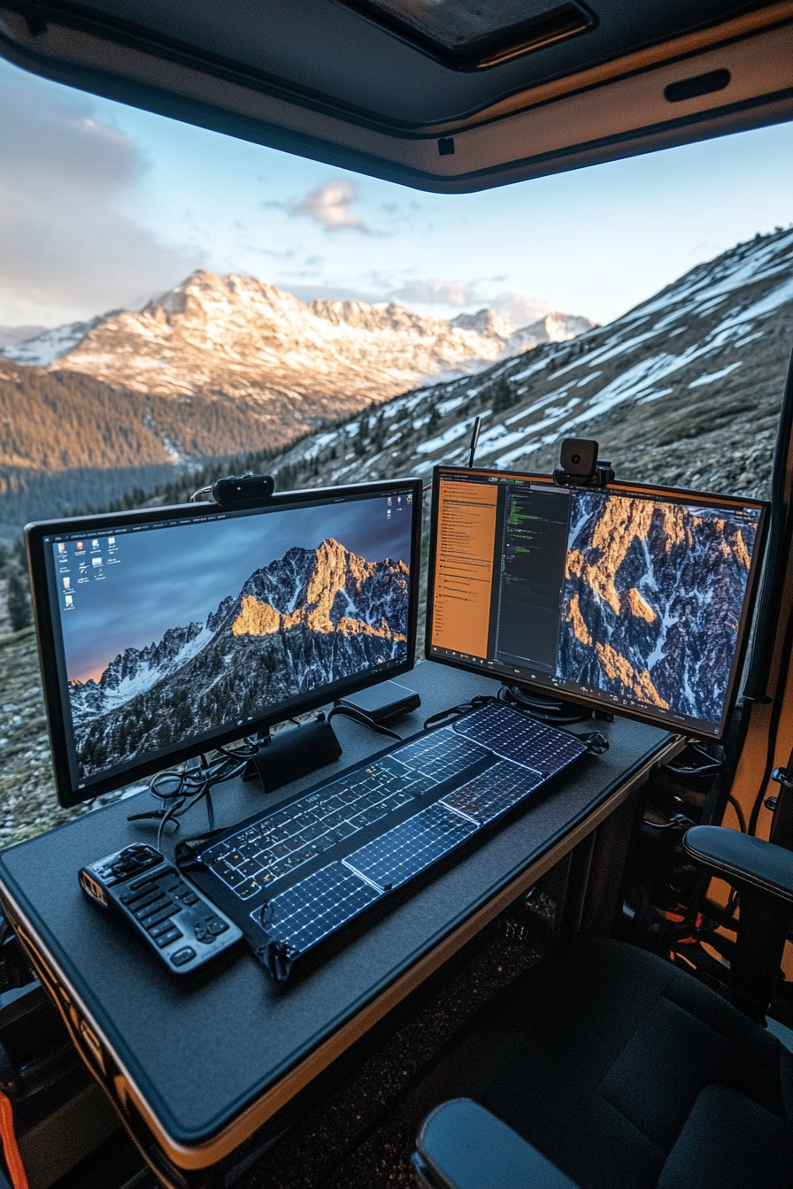 Alpine mobile office. Dual monitors, solar panels, desk set-up overlooking the peak.