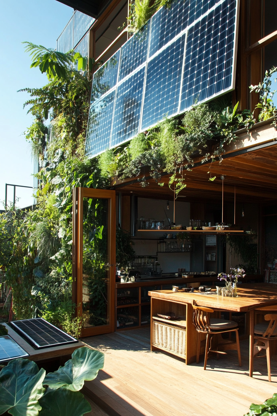 Sustainable living space. Solar panels on rooftop, indoor compost bin, greenery covered walls.