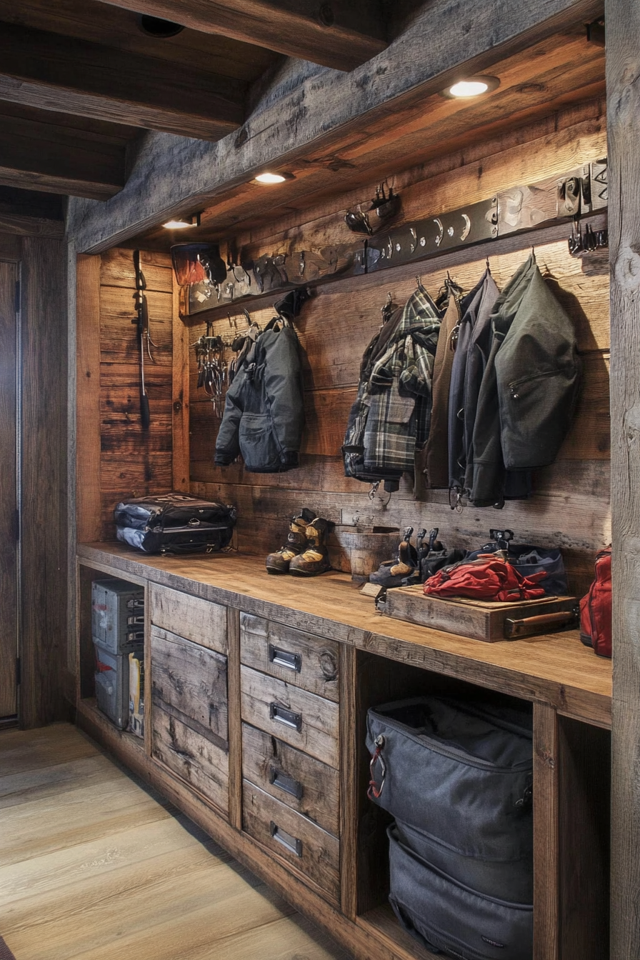 Alpine lodge space. Rustic wooden gear storage with utilitarian repair station.