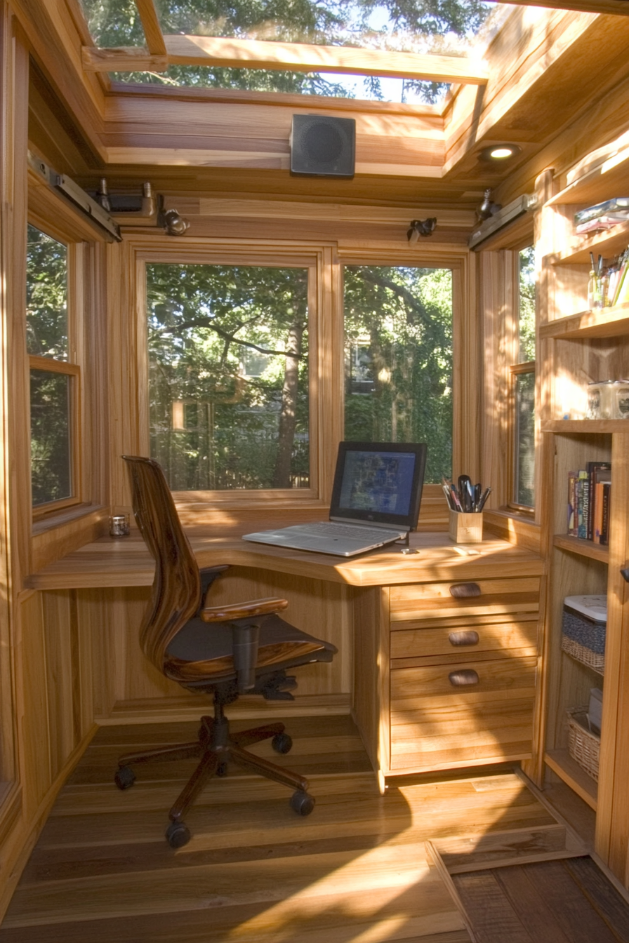 Mobile living space. Hardwood workstation with adjustable-height swivel chair.