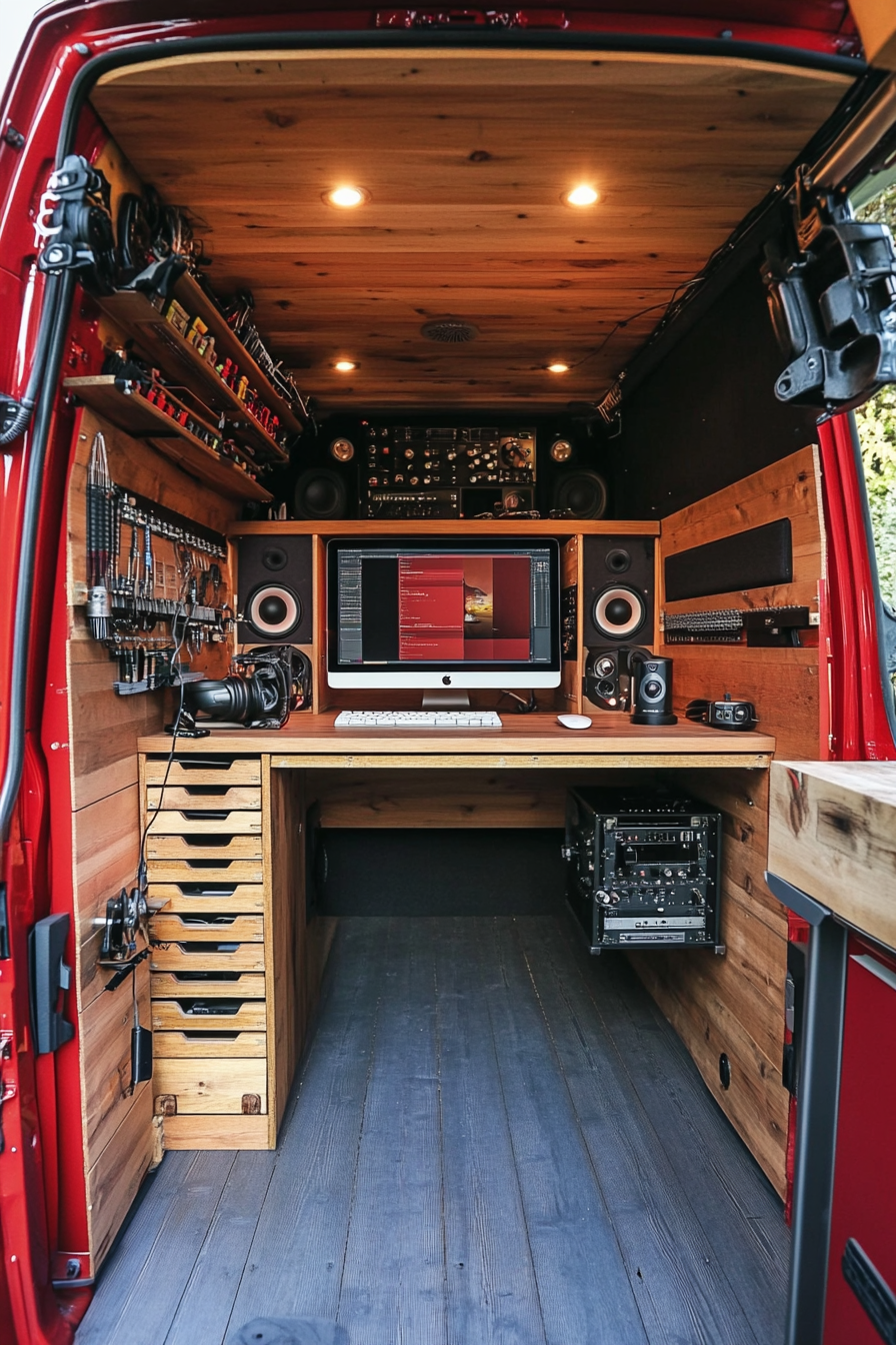 Creative mobile space. Red retro van with wooden editing desk and gear compartments.