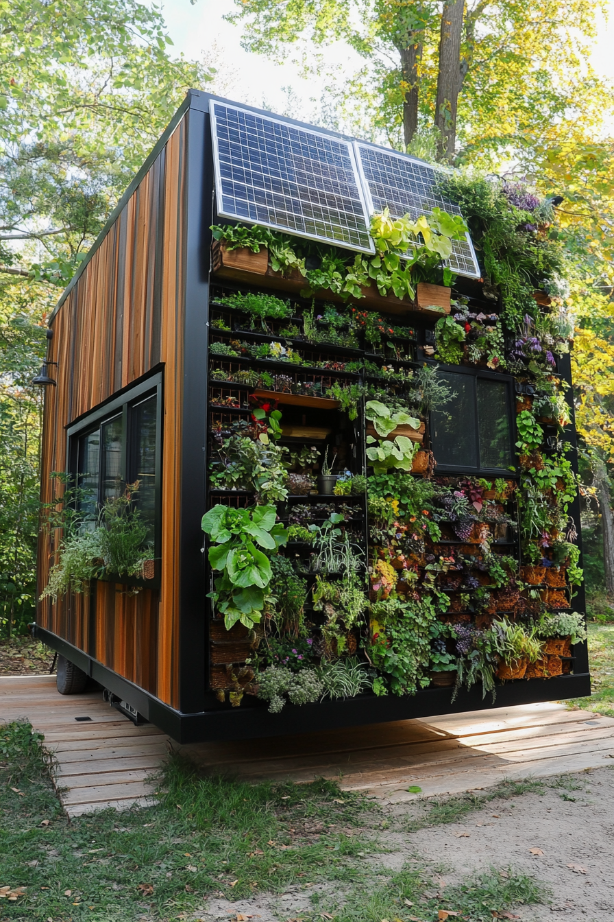 Sustainable living space. Solar panels on green, flat-roofed tiny house with vertical garden wall.