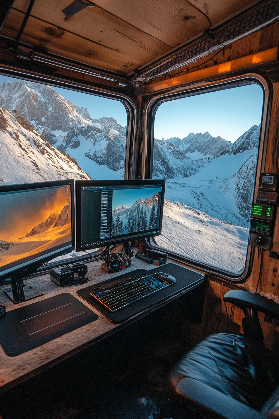 Alpine Mobile Office. Dual LED monitors, solar panel array, panoramic window overlooking snow-capped mountains.