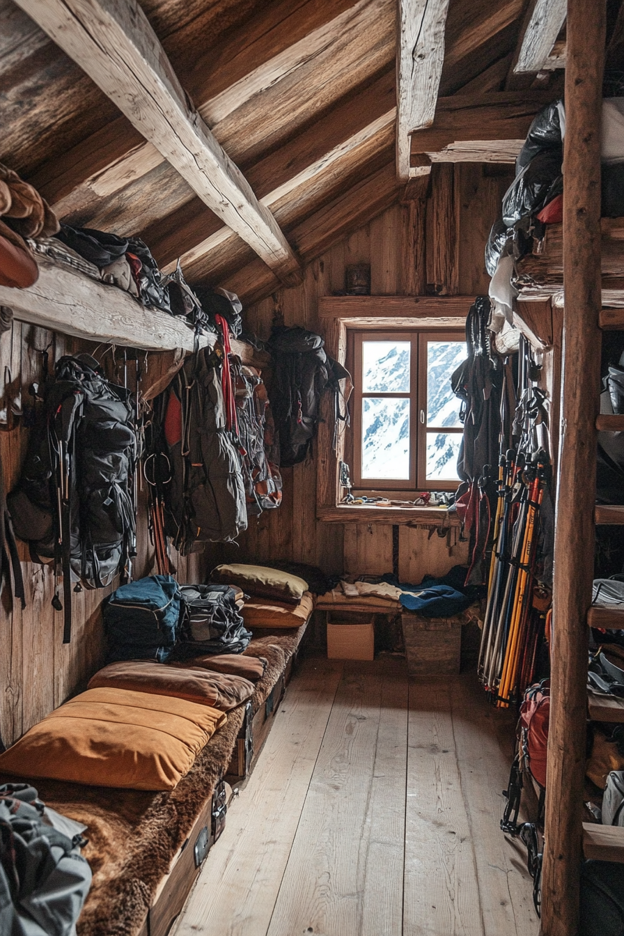 Alpine Lodge Space. Exposed wooden beams with meticulously arranged mountaineering equipment.