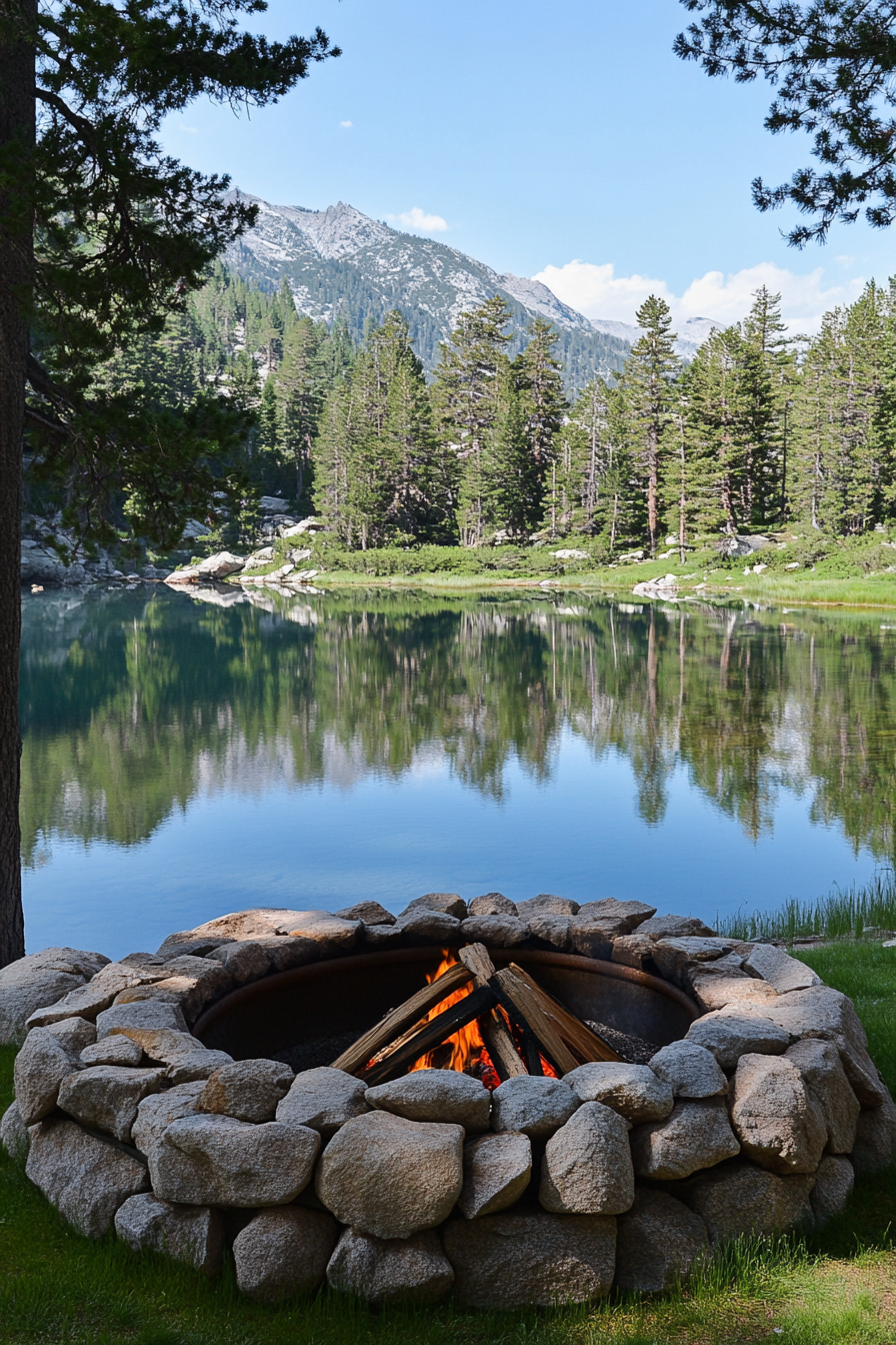 Alpine Lake Campsite. Fire pit ringed with stones near reflective lake.