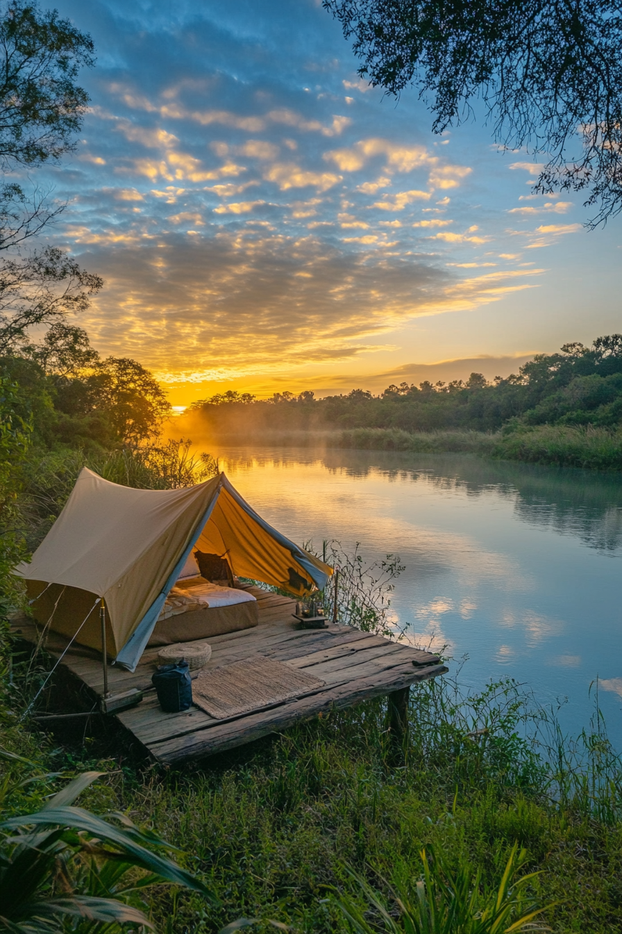 Riverside space. Tent platform overlooking calm blue river at sunrise.