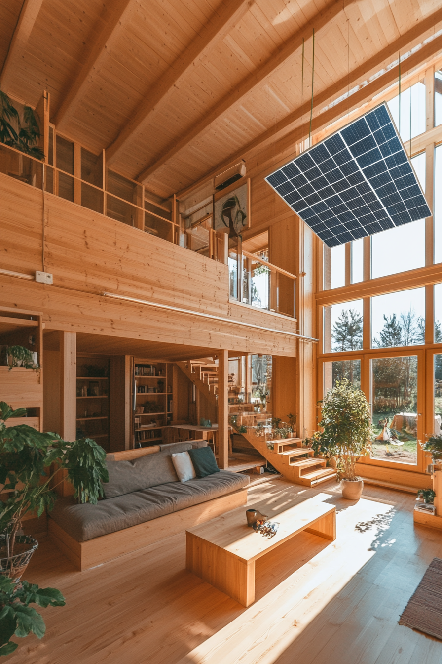 Sustainable living space. Loft-style wooden house with grid-tied rooftop solar panel system.