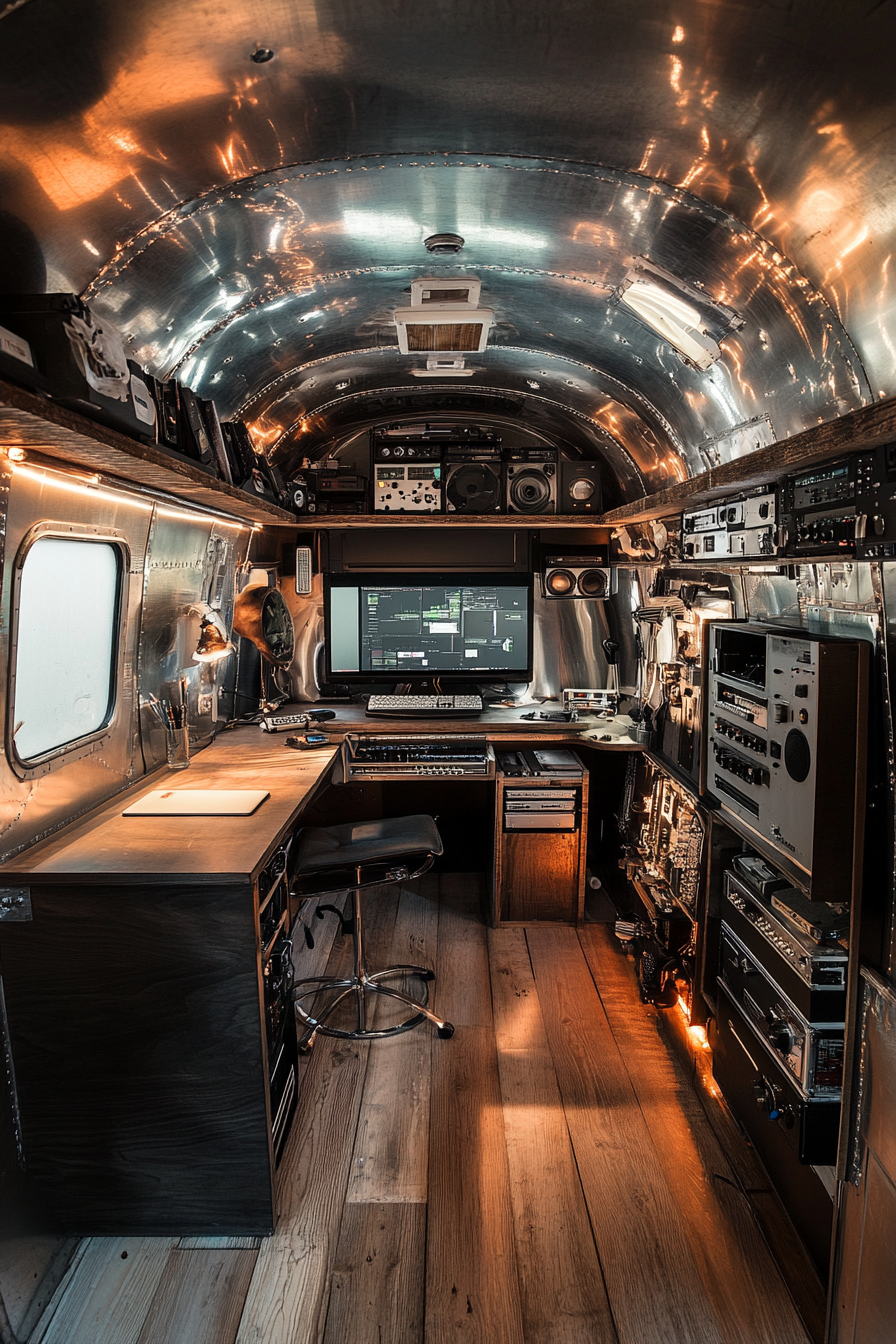 Mobile space. Vintage airstream with built-in editing desk and overhead gear storage.