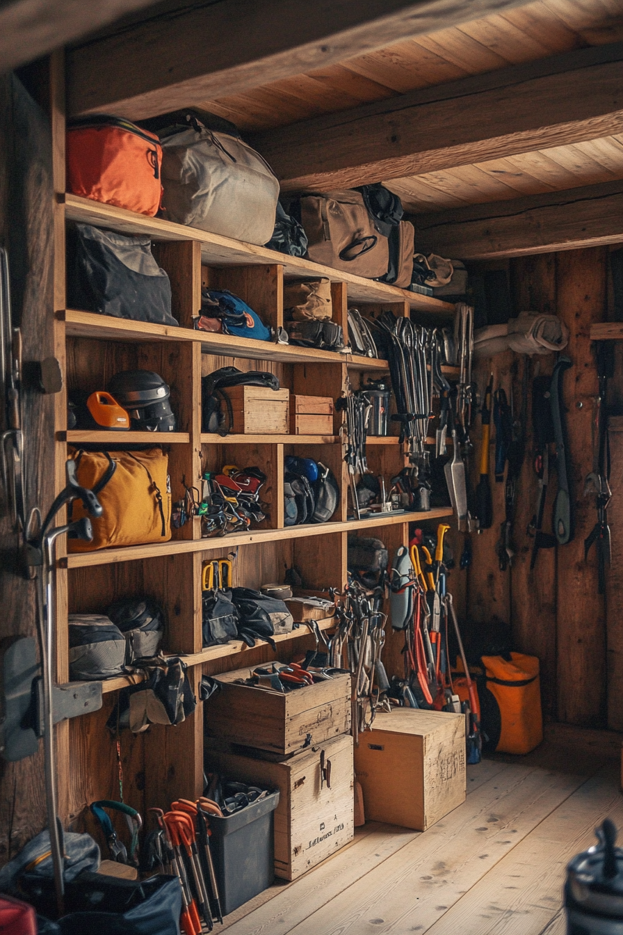 Alpine lodge space. Wooden shelves filled with caretaking tools and stacked mountaineering equipment.