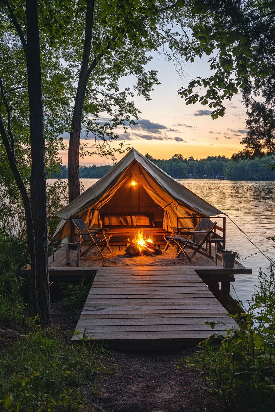 Tent site. Private dock equipped with sunset fire, overseeing panoramic waterscape.