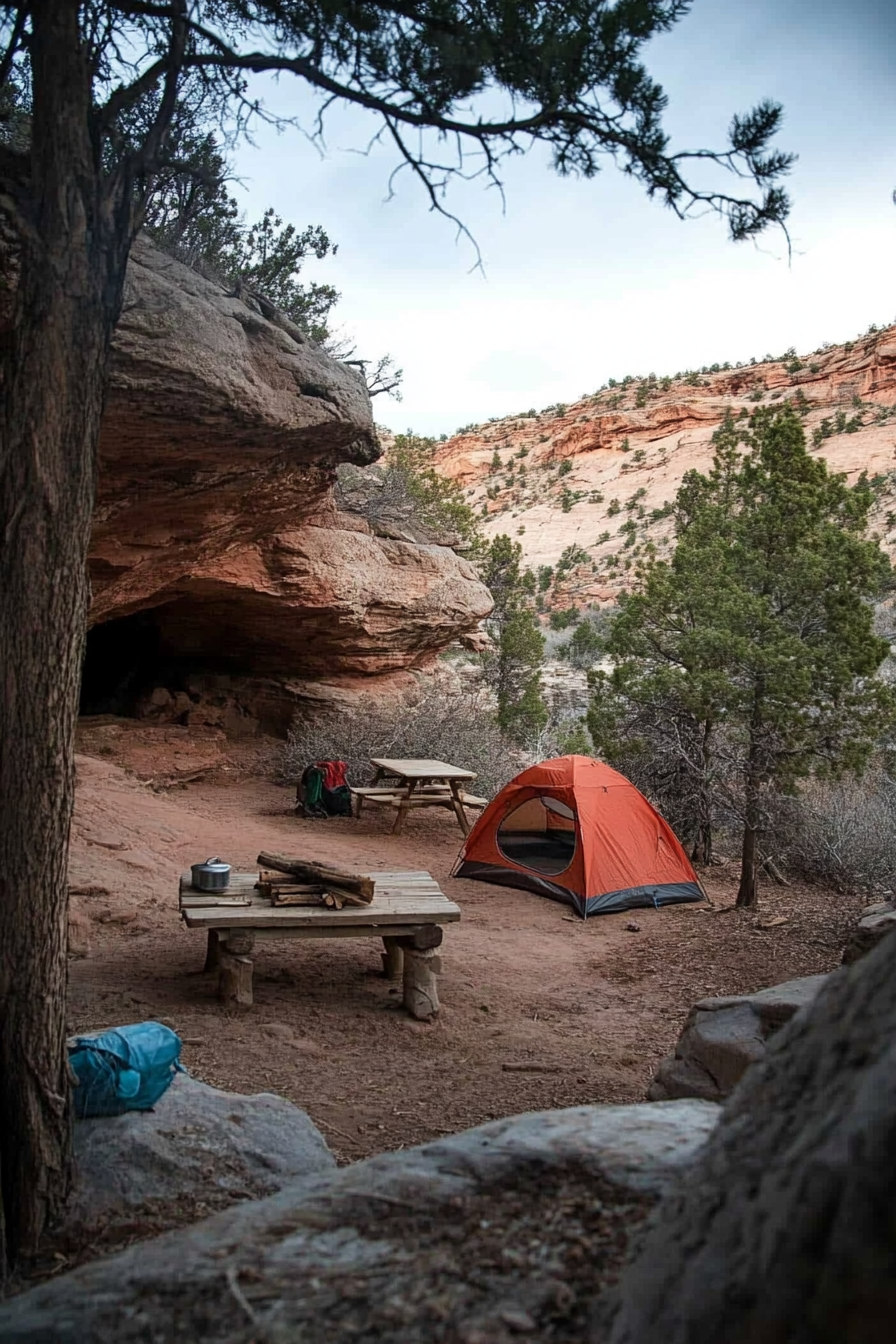 Campsite. Granite fire zone, elevated atop the red rock, entrance in nearby natural cave.