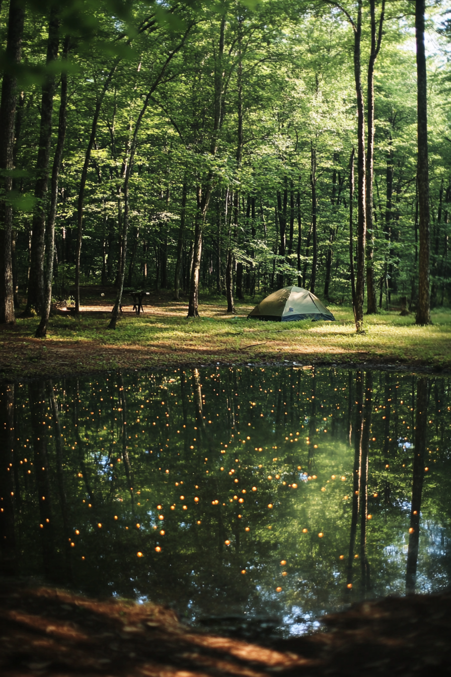 Woodland camping space. Clear pond surrounded by luminescent fireflies.