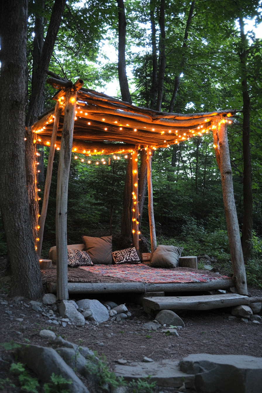 Woodland camping space. Fairy-light canopy with driftwood accents.