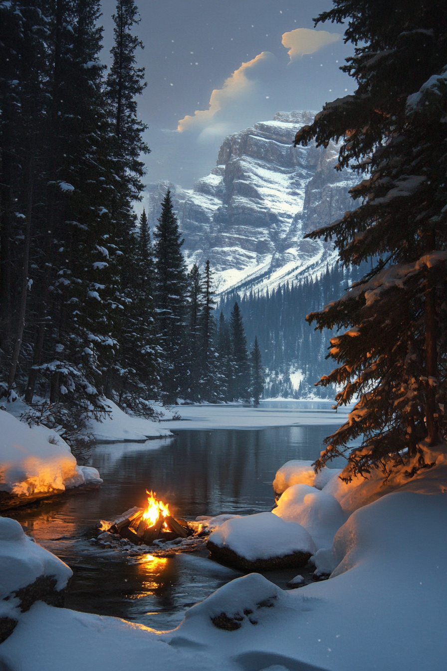 Alpine lake campsite. Illuminated fire pit on snowy shore with towering pine trees.