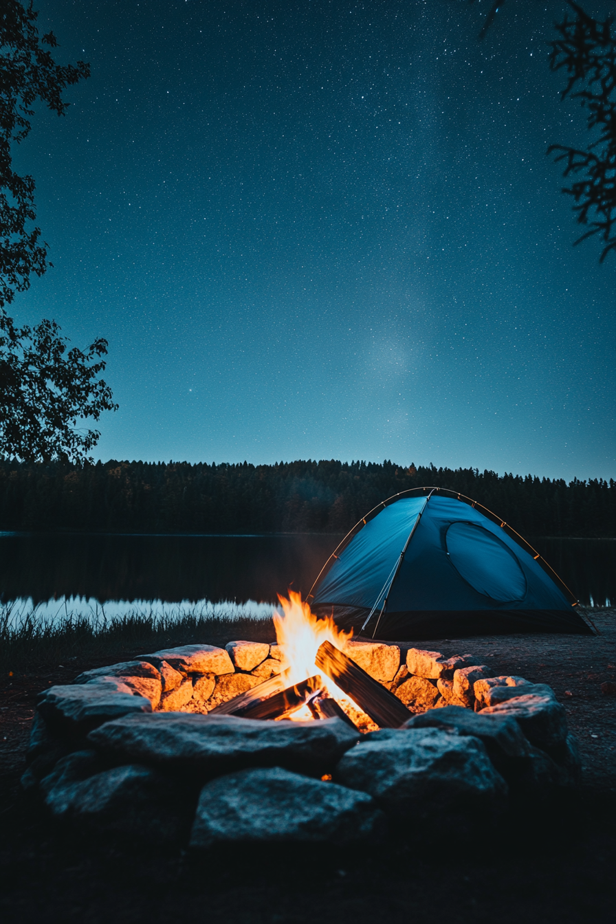 Alpine Lake Campsite. Stone-ring fire pit beside blue tent under clear starlit sky.