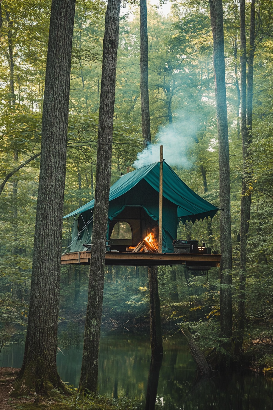 Riverside Space. Tall oak trees, teal water-view tent platform, bonfire smoke.