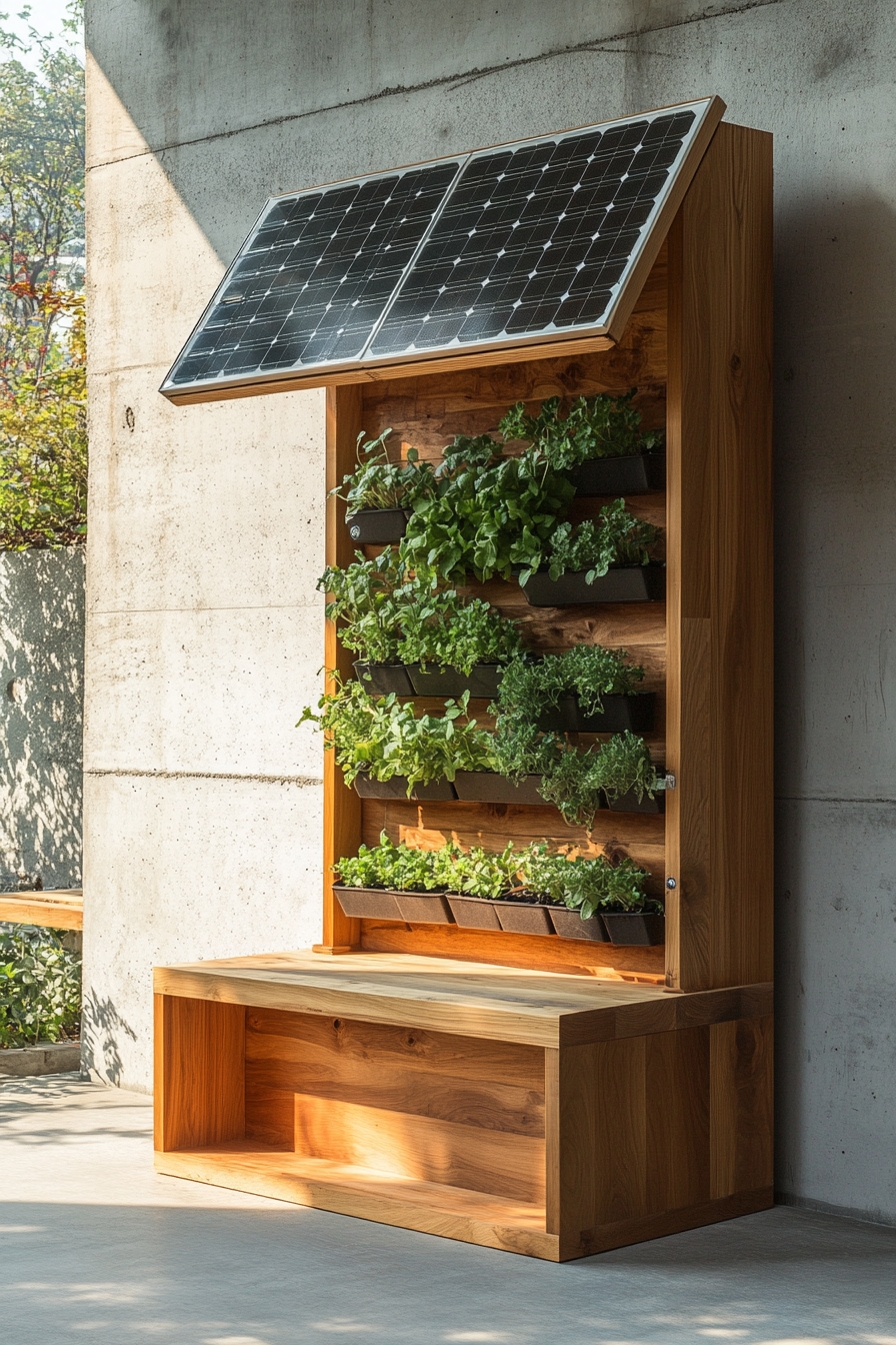Sustainable Living Space. Minimalist wooden furniture, solar panels, compost bin, vertical herb garden.