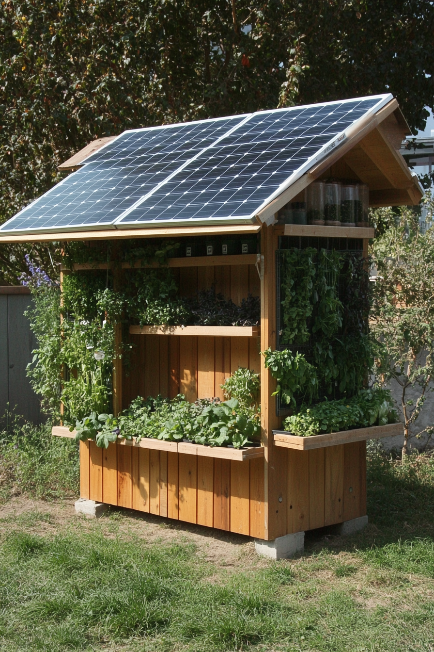 Sustainable living space. Solar panel roof, compost bin, and vertical herb garden.