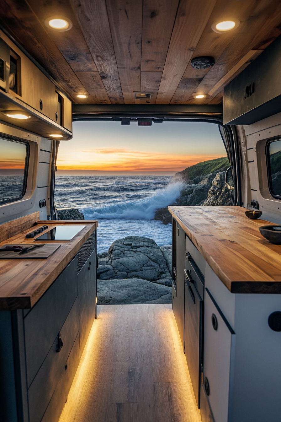 Oceanview van setup. Wooden panoramic desk facing sea waves crashing on sunset-lit rocks.