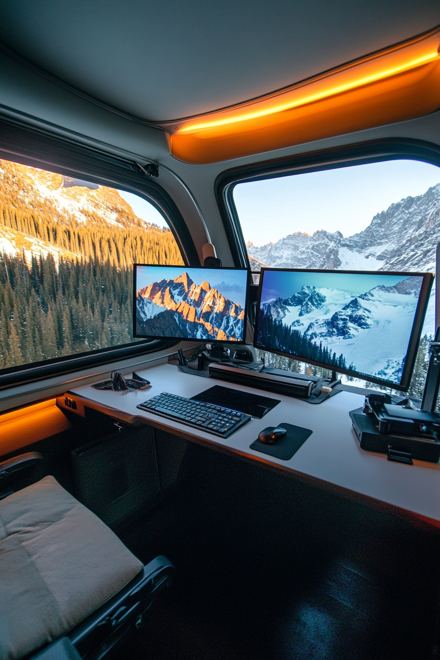 Alpine mobile office. Dual monitors mounted by panoramic windows, lit by solar power.