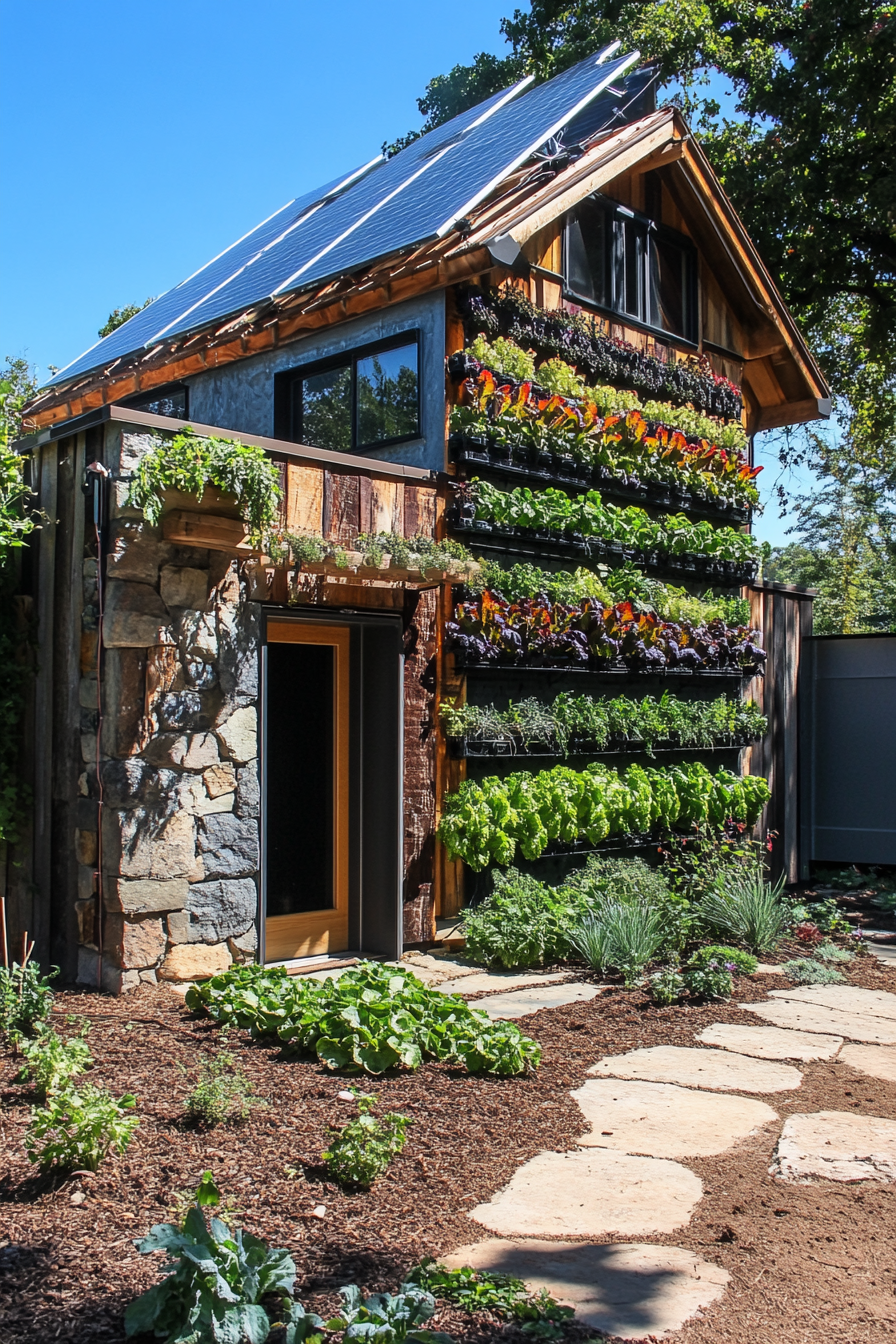 Sustainable living space. Solar power setup, compost pile, vertical vegetable wall.
