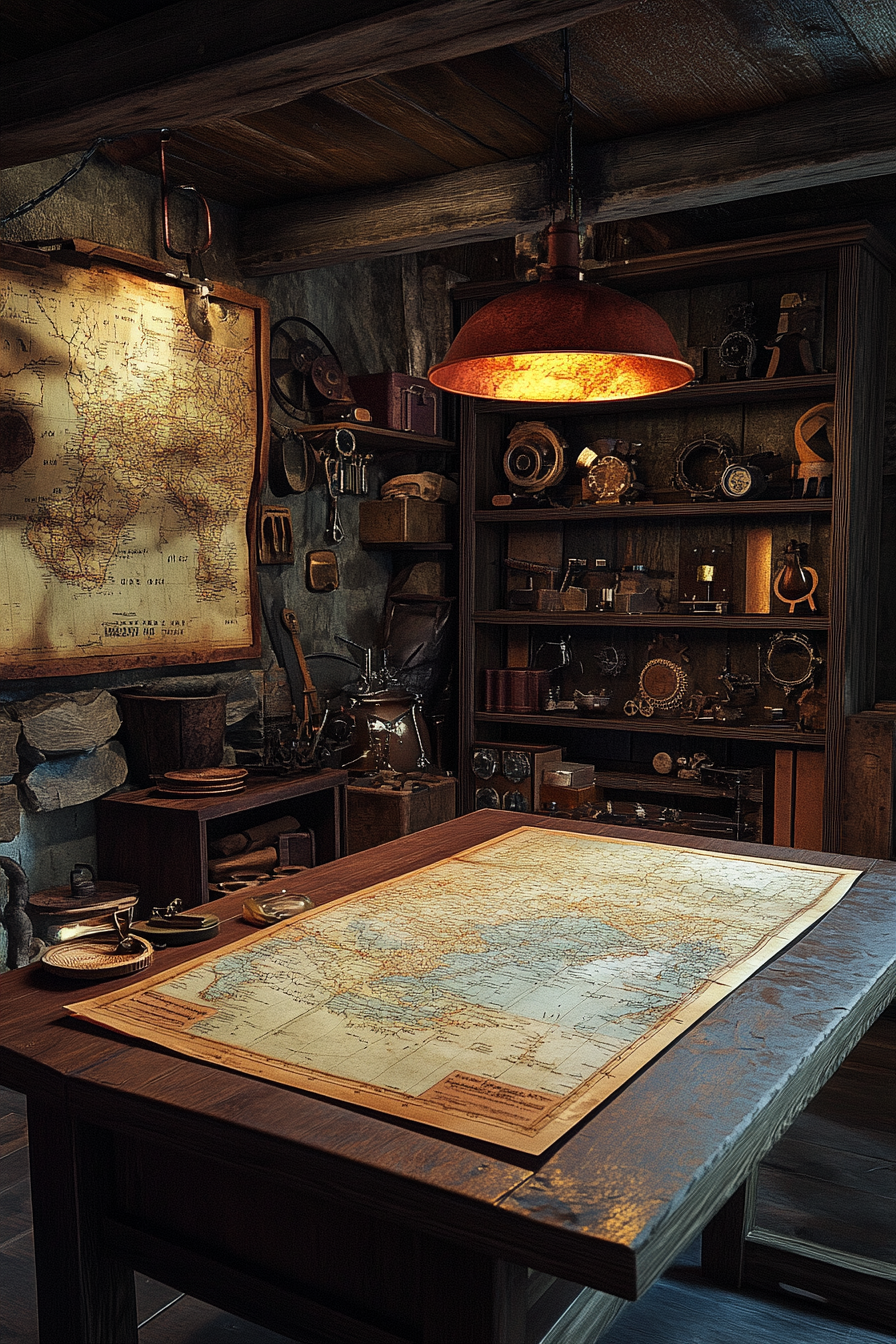 Alpine Lodge Space. Map table under focused overhanging amber light, surrounded by gear shelves.