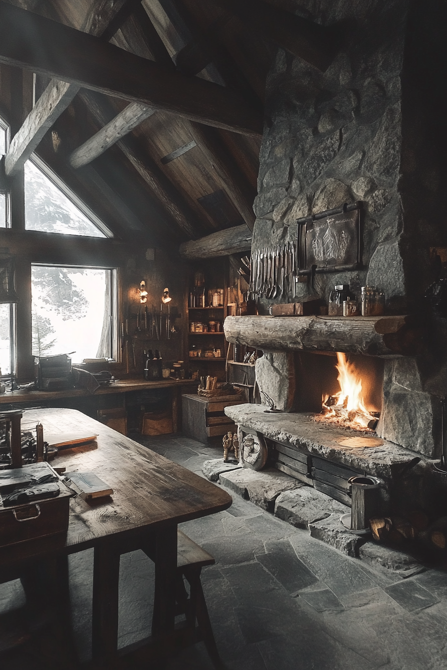 Alpine Lodge Space. Stone fireplace, rustic wooden furniture, wall-mounted gear hooks and repair station.