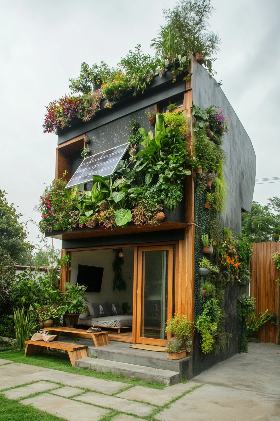 Sustainable living space. Tiny house with rooftop solar panels and vertical garden wall.