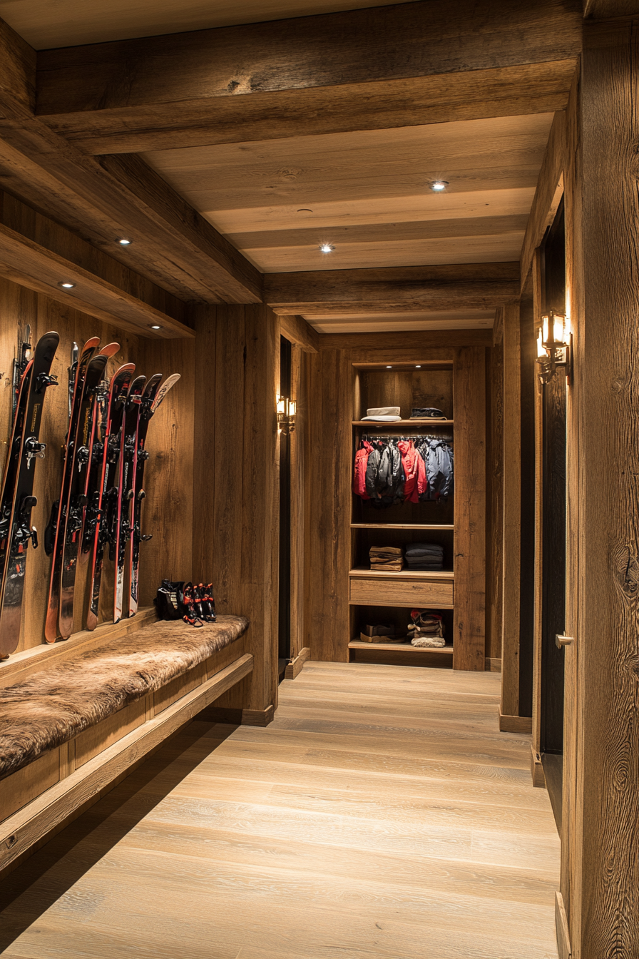 Alpine lodge space. Wooden gear storage with wall-mounted ski racks.
