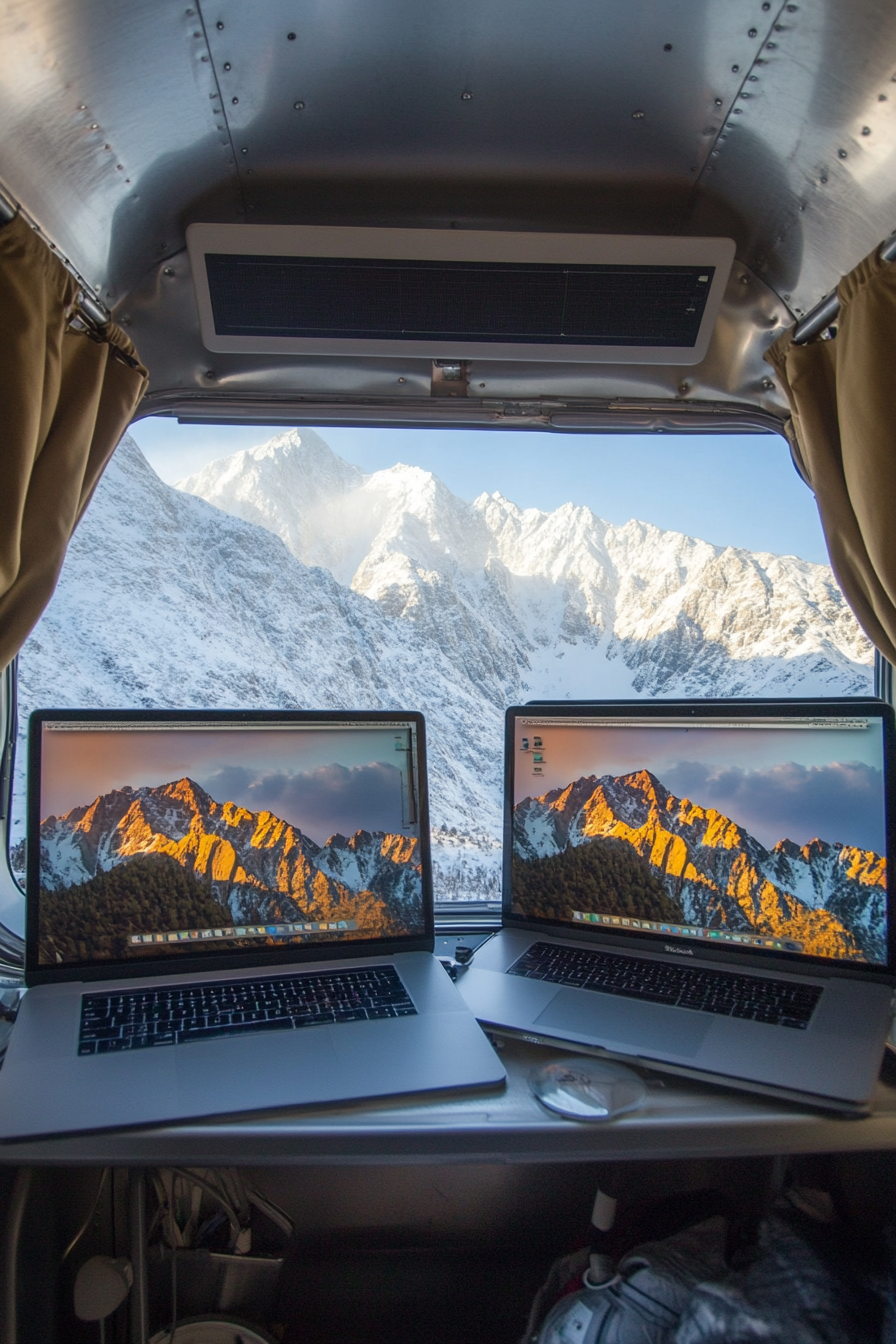Mobile Office. Airstream camper with dual monitors, solar panels, facing snow-capped mountains.