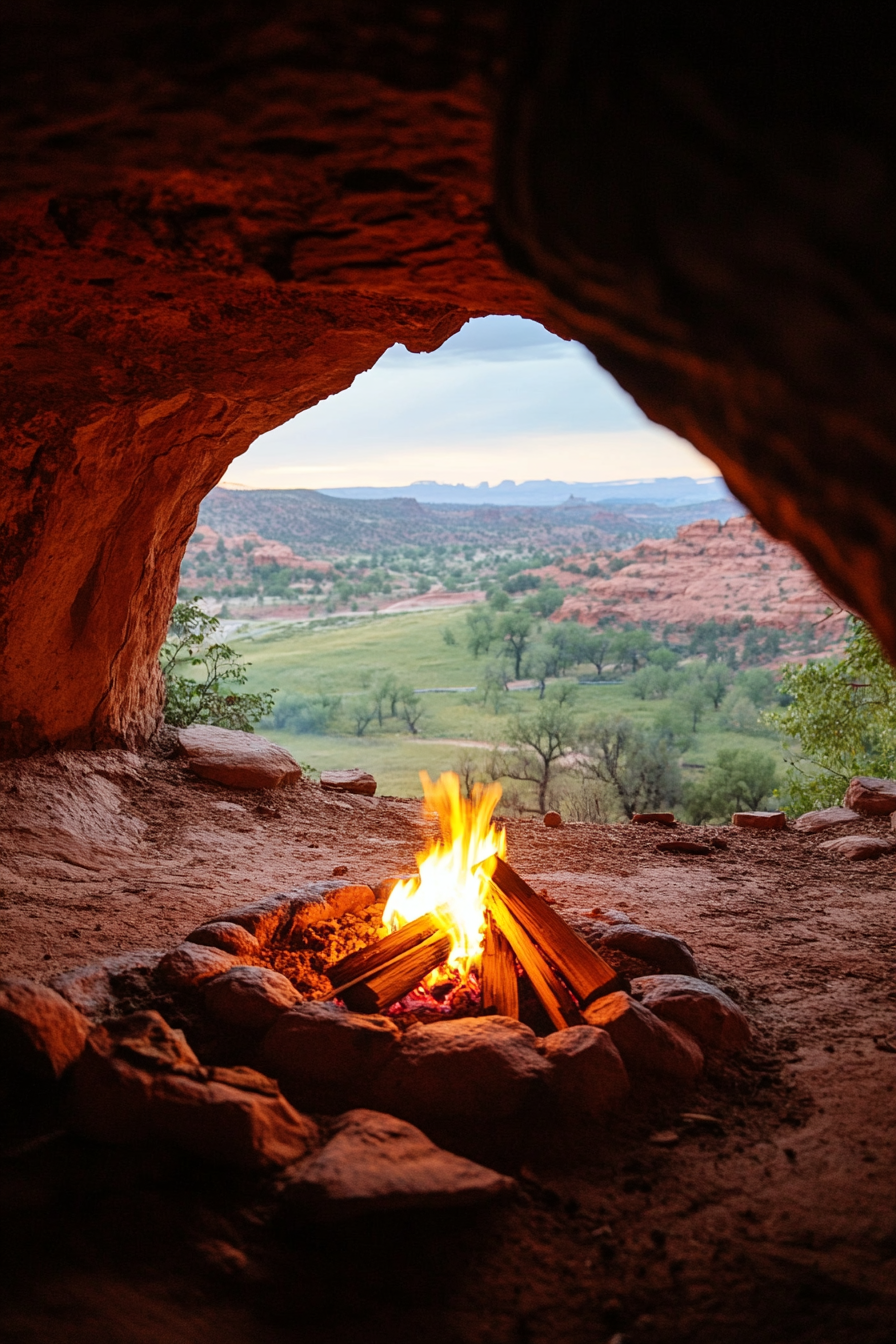 Red Rock Campsite. Campfire on elevated hill, tucked into large cave, overlooking green valley view.