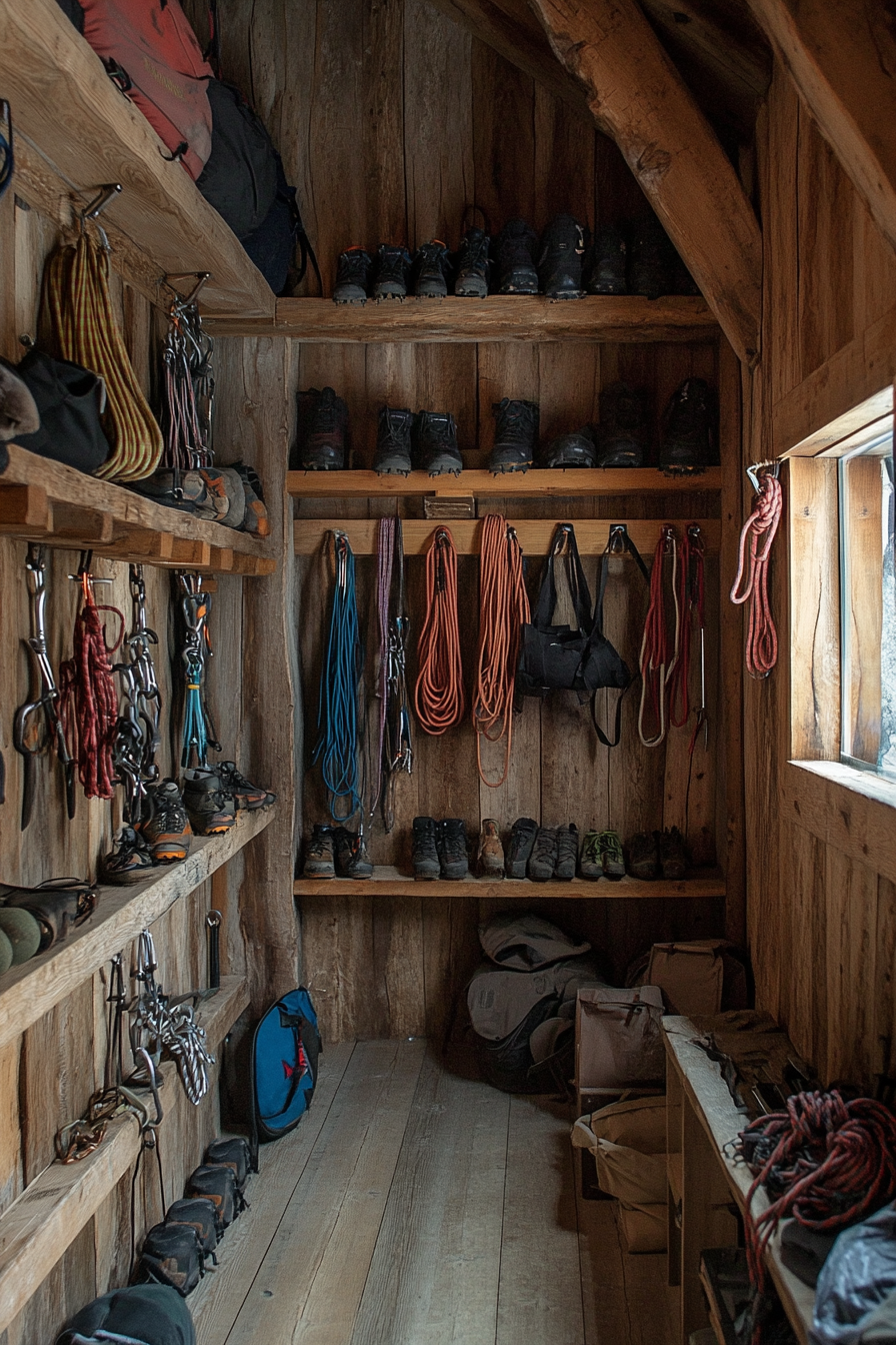Alpine lodge space. Wooden shelving filled with climbing ropes, hiking shoes, pickaxes.