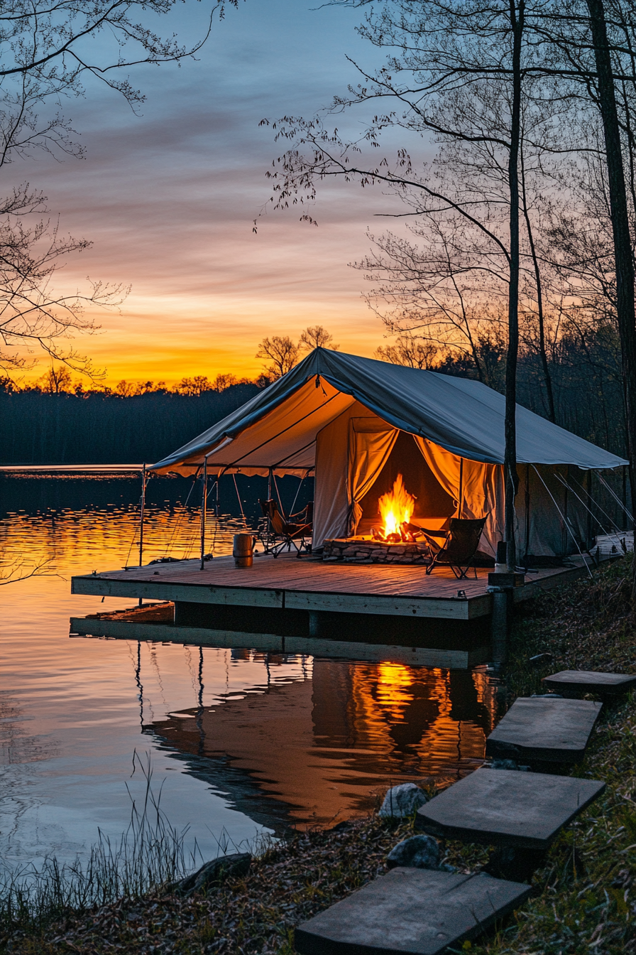 Tent site display. Tent on raised platform, shared dock, sunset silhouetting a glowing bonfire.