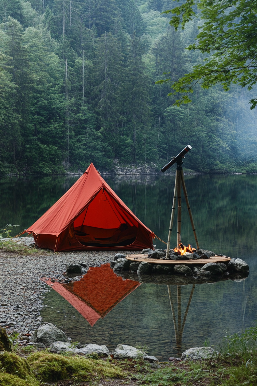 Alpine lake campsite. Red tent, pebble-arranged fire pit, wooden telescope platform and mirror-like water.