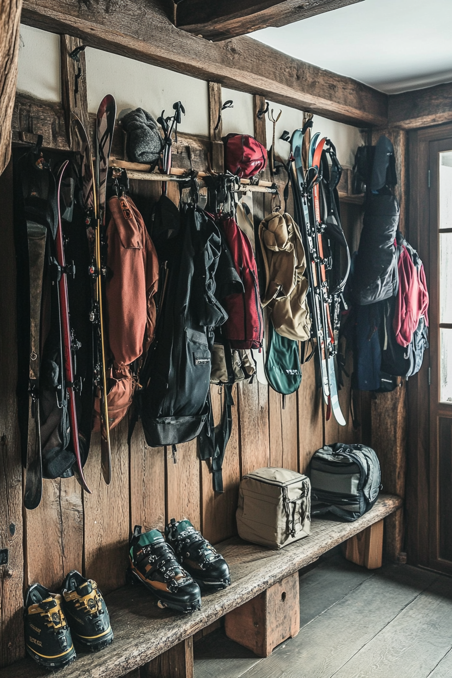 Alpine Lodge Space. Ski gear arranged on rustic wooden racks.