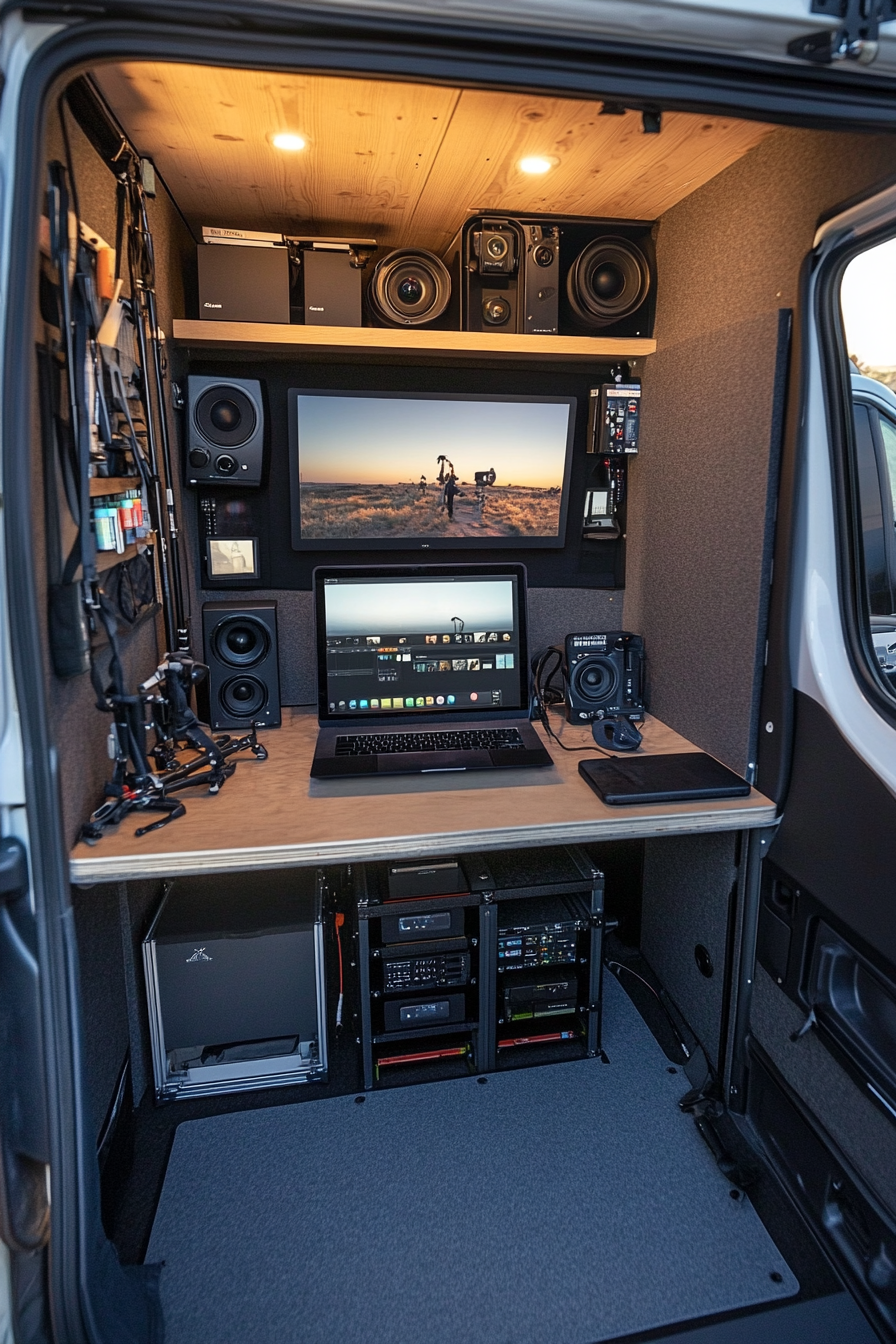 Mobile space. Earth-toned van conversion with photography gear storage, editing desk, and foldable outdoor studio.