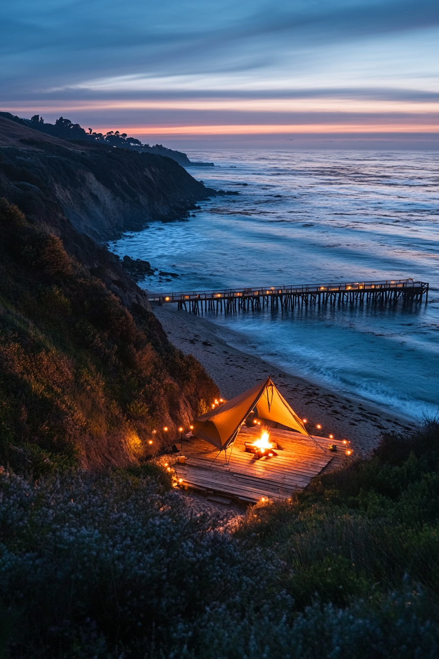 Tent site. Panoramic ocean vista, lone wooden pier, dusk bonfire setup.