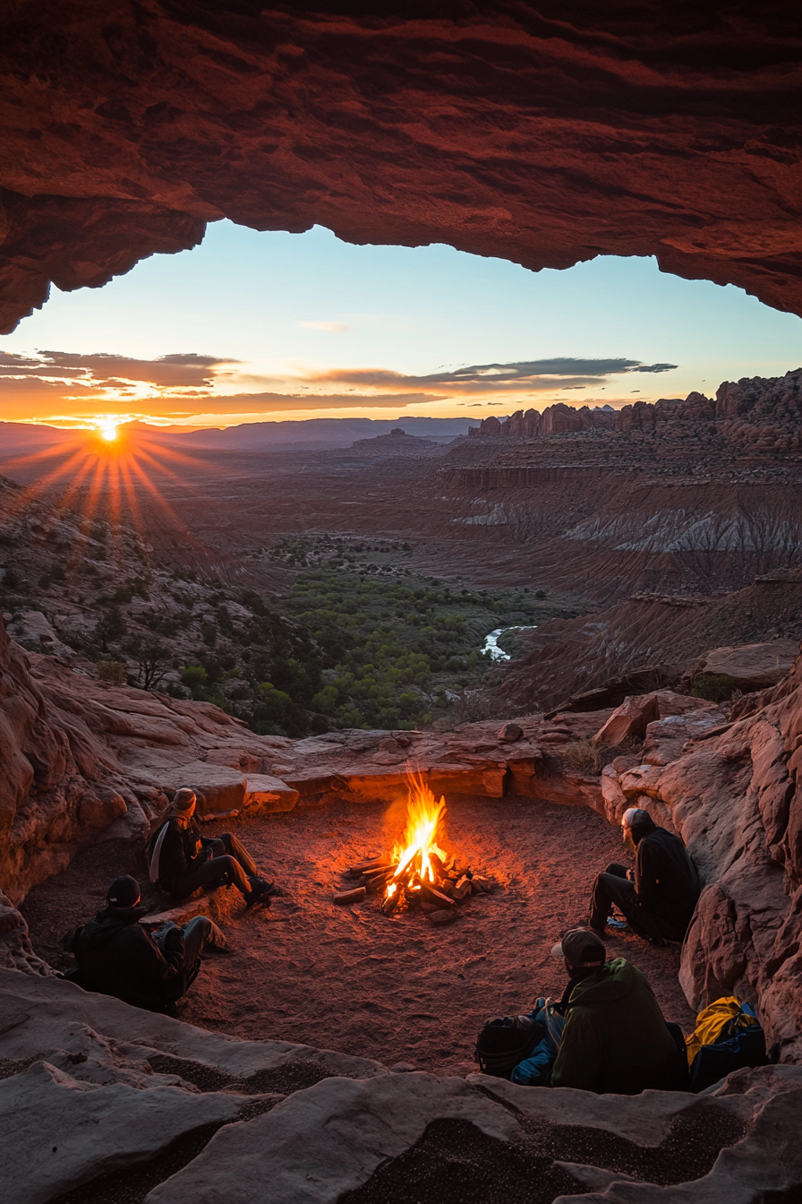 Red Rock Campsite. Valley view, elevated fire zone, attached cave shelter, luminous twilight.