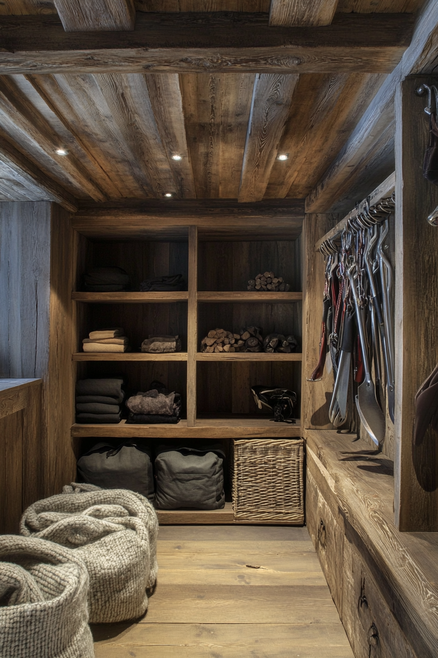 Alpine lodge space. Rustic wooden storage area for ice axes and climbing ropes.