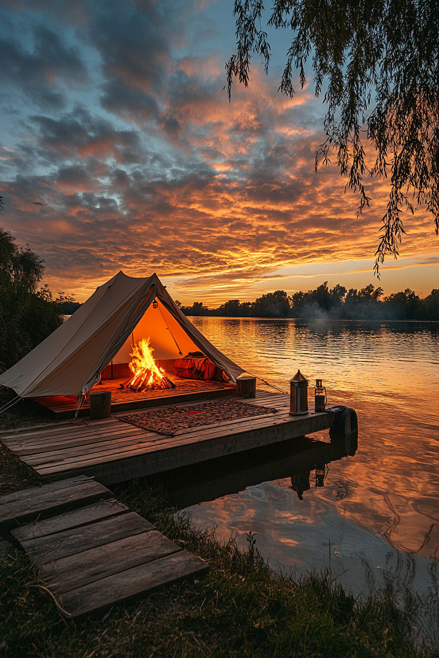 Riverside space. Tent platform facing the sunset over water with blazing bonfire nearby.