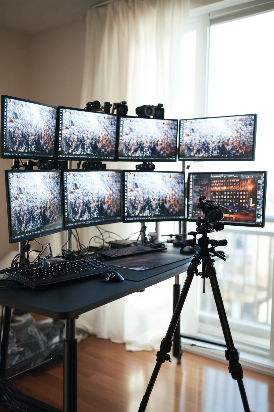 Creative mobile space. Minimalist desk with multiple monitors and tripod setup.
