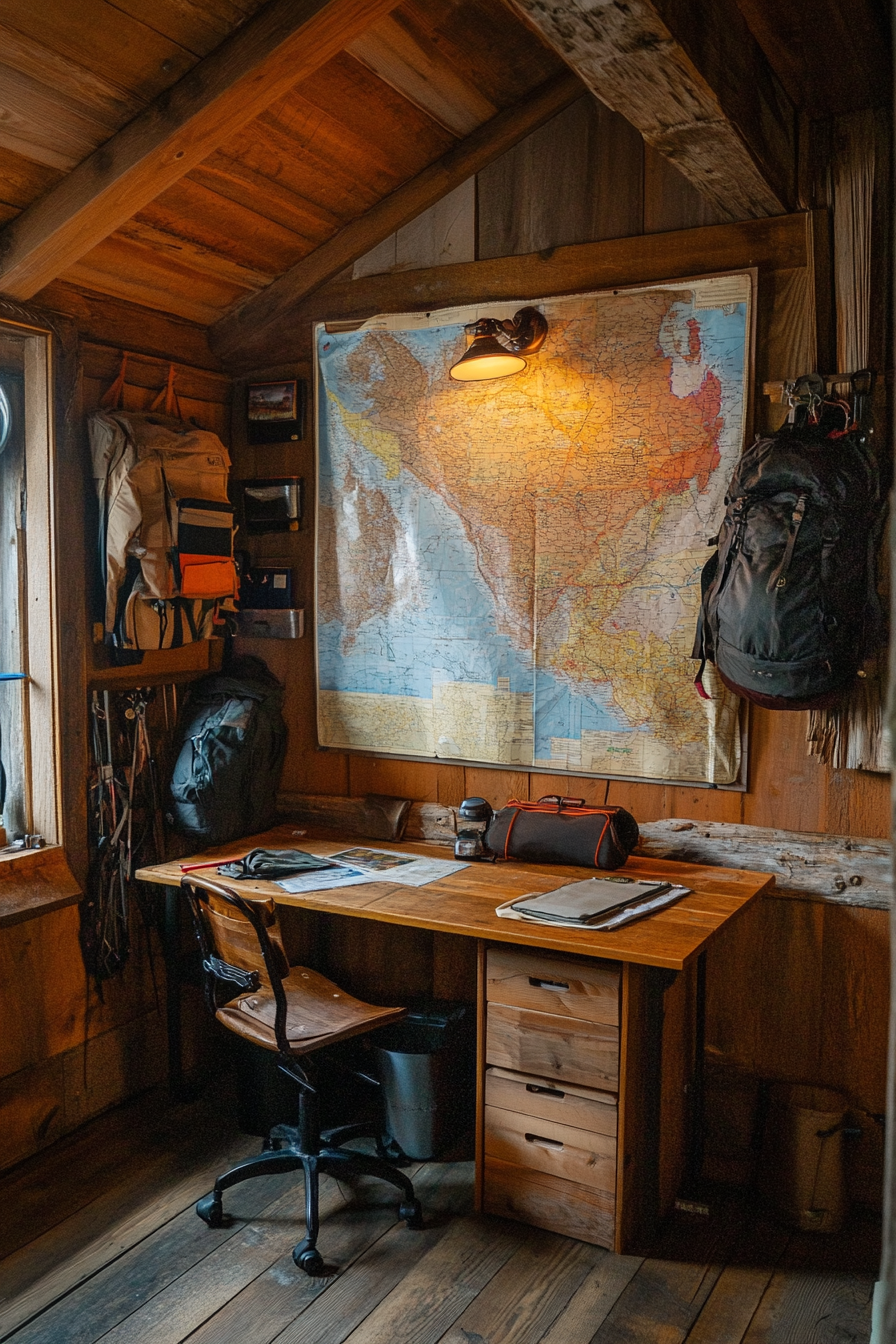 Alpine Lodge Space. Wooden gear storage, map-filled planning station.