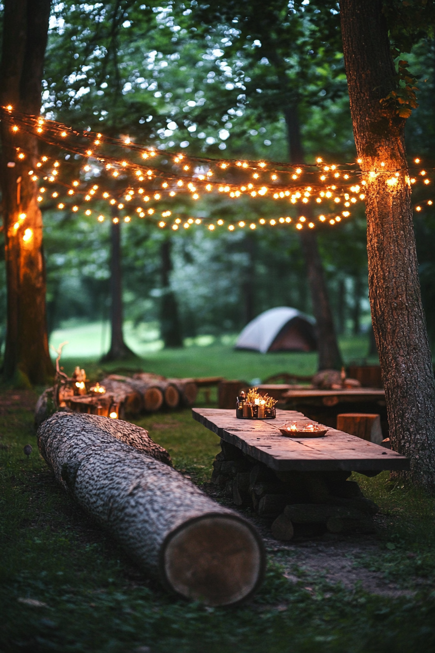 Woodland camping space. mossy log seating under fairy-light canopy.