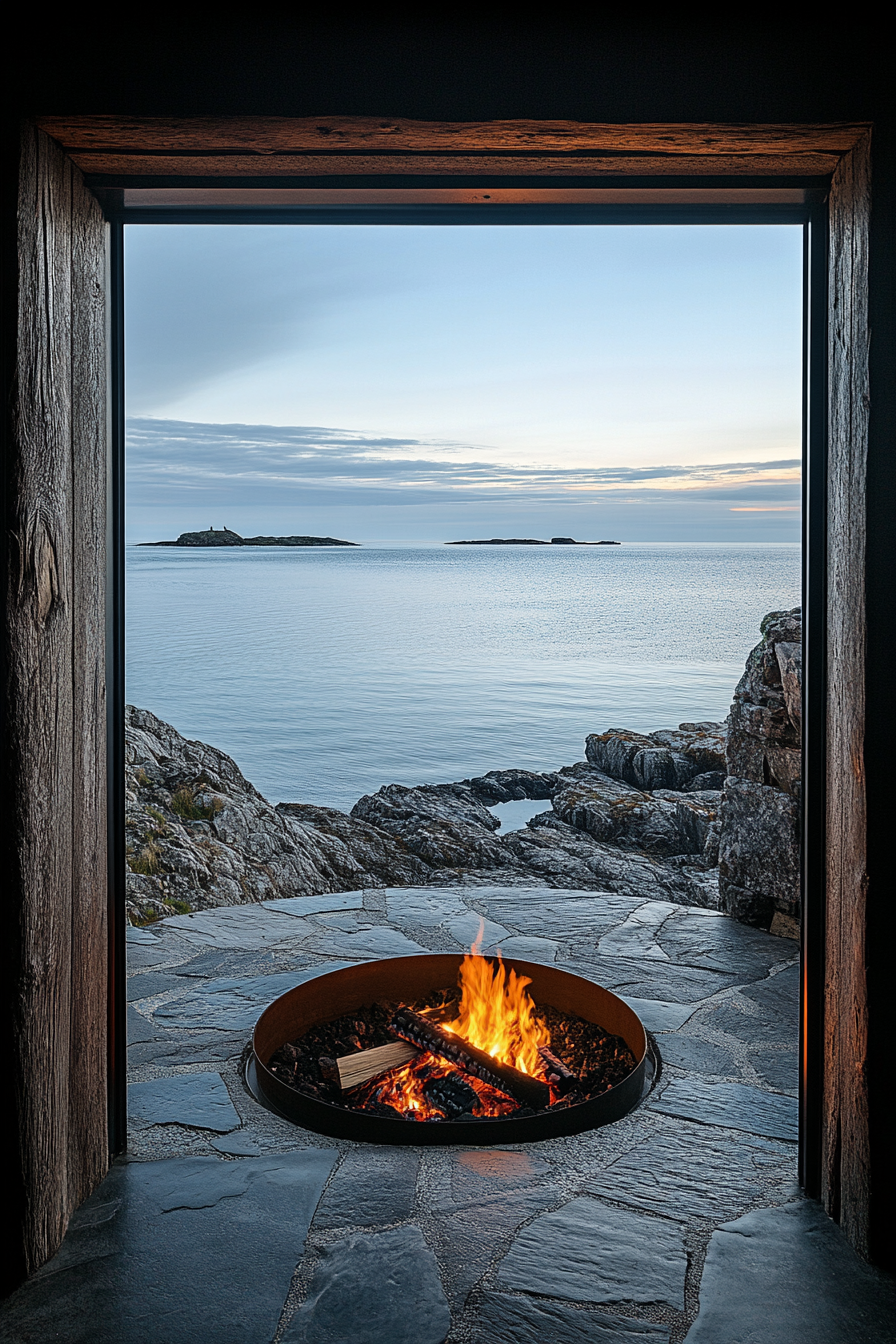 Nordic Coast Space. View of the sea inlet from window, underlying a Viking fire pit.