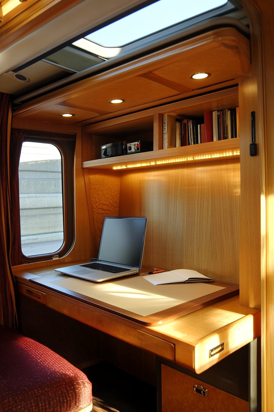 Mobile living space. Pull-out desk, overhead storage compartments, west-facing exposure.